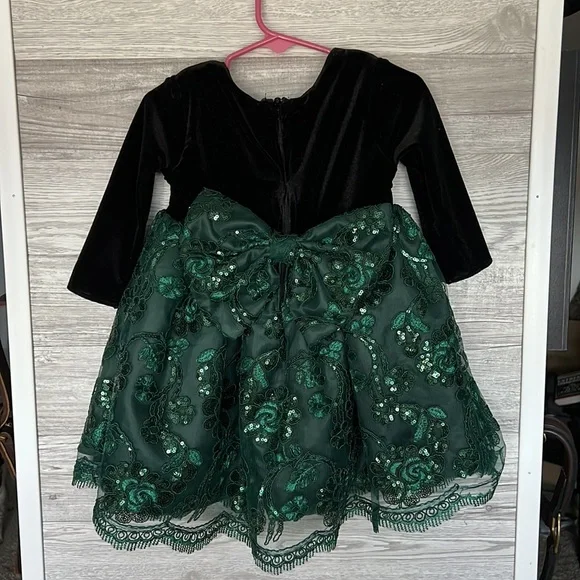 Baby Girl Formal Black Velvet & Emerald Dress with Bow - Picture 2 of 5